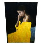 Clive Fredriksson, oil on canvas, portrait study of a young girl in a yellow dress, 96cm x 66cm