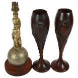 A pair of Garanti Villedieu Art Nouveau vases, 30cm, and a Continental table lamp supported by a