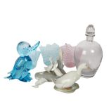 3 Latticino glass vases, H8cm, Orrefors decanter and stopper, Copenhagen duck etc