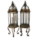 A large pair of gilt-metal framed glazed candle lanterns, on 4 scrolled feet, 82cm