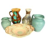 A graduated pair Lovetts Langley Ware green ribbed jugs, tallest 20.5cm, Art pottery vase and jug,