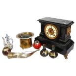 A slate-cased mantel clock, cloisonne vases, a horn, gourd pots etc