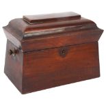 19th century mahogany sarcophagus tea caddy, with 2 inner fitted lids, and brass handles, W22cm