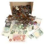 A large collection of pre-decimal English and worldwide coins, One Pound notes etc
