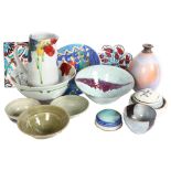 A collection of Studio pottery, including stylised jug and bowl, Iznik tile, various bowls and