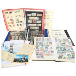 Various stamp albums, including First Day Covers depicting trains, worldwide stock books etc