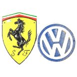 2 painted cast-iron car signs for Ferrari and Volkswagen