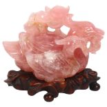 A Chinese carved rose quartz group, 2 mandarin ducks on stand, H16cm Ducks do have some chips,