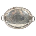 Large 19th century electroplate tea tray with cast gallery, length including handles 69cm Good