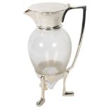 A Christopher Dresser style glass Claret jug, with plated mounts, H25.5cm