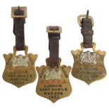 3 RSPCA London cart horse and van horse parade brass badges with leather straps, dated 1929, 1932