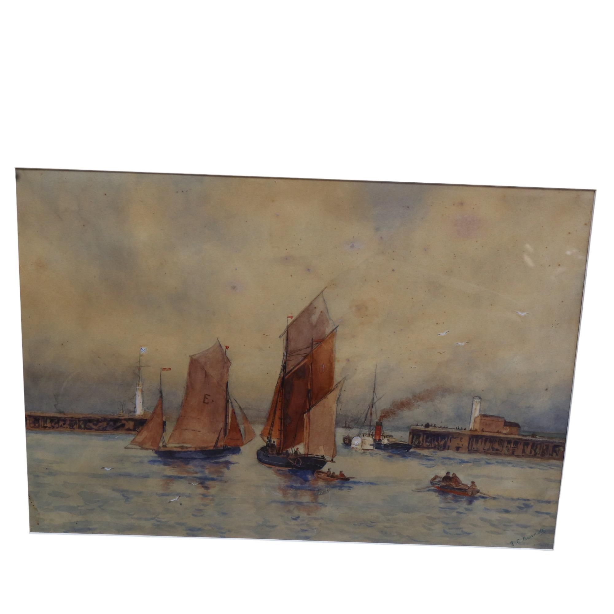 E E Bennett, watercolour, fishing boats entering the harbour, 54cm x 70cm overall, framed