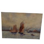 E E Bennett, watercolour, fishing boats entering the harbour, 54cm x 70cm overall, framed