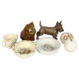 Royal Doulton and Wedgwood Bunnykins breakfast ware, a Sylvac Bulldog money box, a Coalport jam