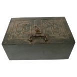 An early 20th century military green painted cast-iron strong box, with 2 carrying handles and