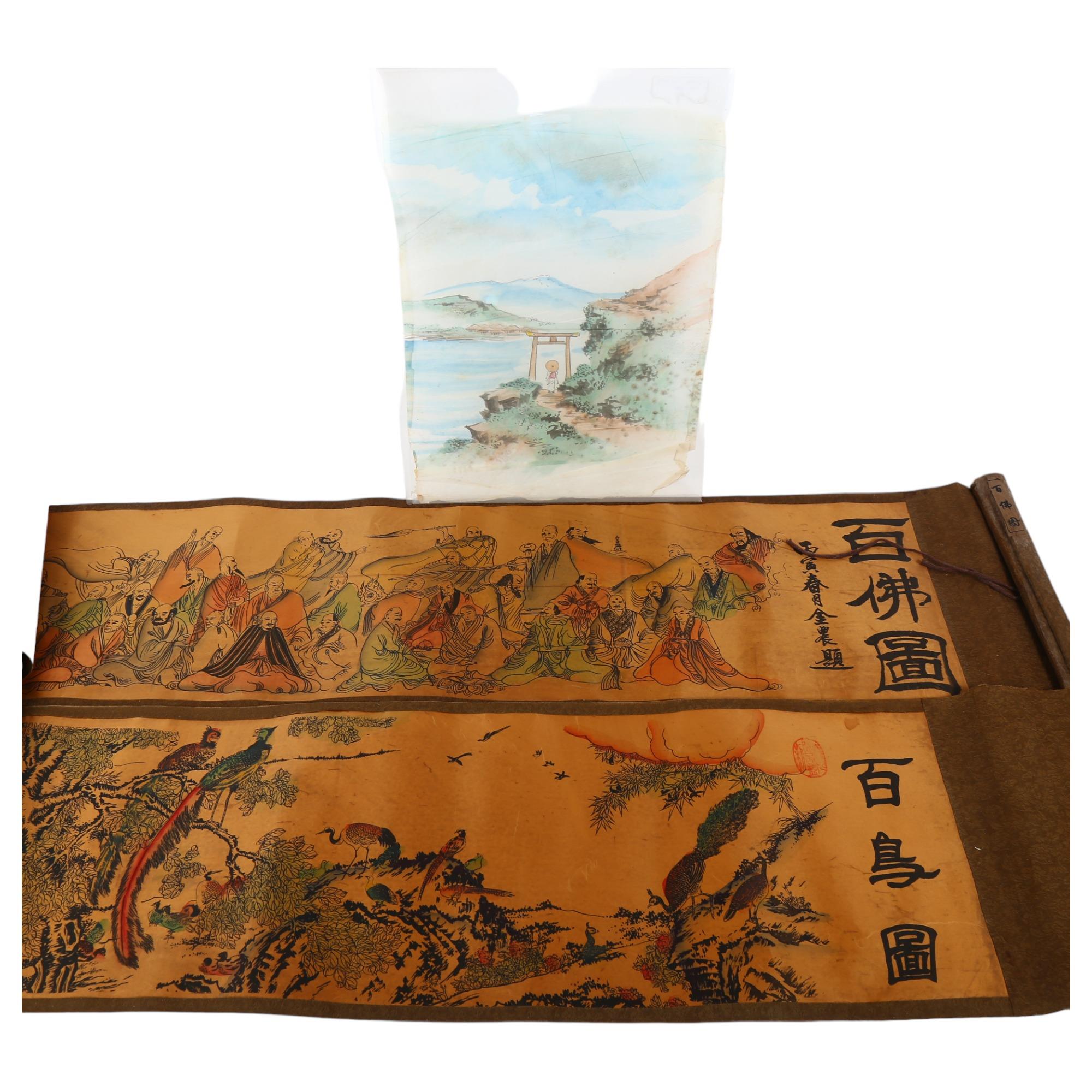 2 Oriental painted scrolls, approx 310cm x 30cm, and an unframed rice paper watercolour