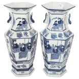 A pair of Chinese hexagonal porcelain blue and white vases, with 6 character marks, H33cm
