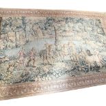 A machine woven hessian-backed Verdure tapestry, with gentleman on horseback, and various dogs,