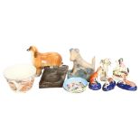 A Bourne Denby Ware Scottie dog, reproduction Staffordshire inkwell, 2 other, 3 hand painted dishes,