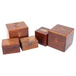 3 x 19th century mahogany and satinwood-banded single tea caddies, an olive wood box, and another (