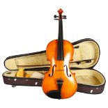 A handmade English viola, no maker's label, in hardshell case with associated bow, viola length "