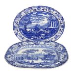 A Victorian blue and white Wild Rose pattern meat plate, W44cm, and a Booths Old Blue Danube blue