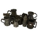 Quart pewter mugs, Victorian side-pouring pewter jugs, sugar caster etc