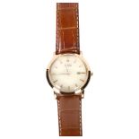 A gent's Citizen Eco-Drive wristwatch, baton numerals, rose gold plated cased with leather strap,