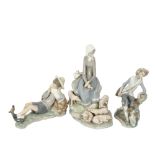 Lladro group, girl with piglets, H27cm, and 2 Lladro boys