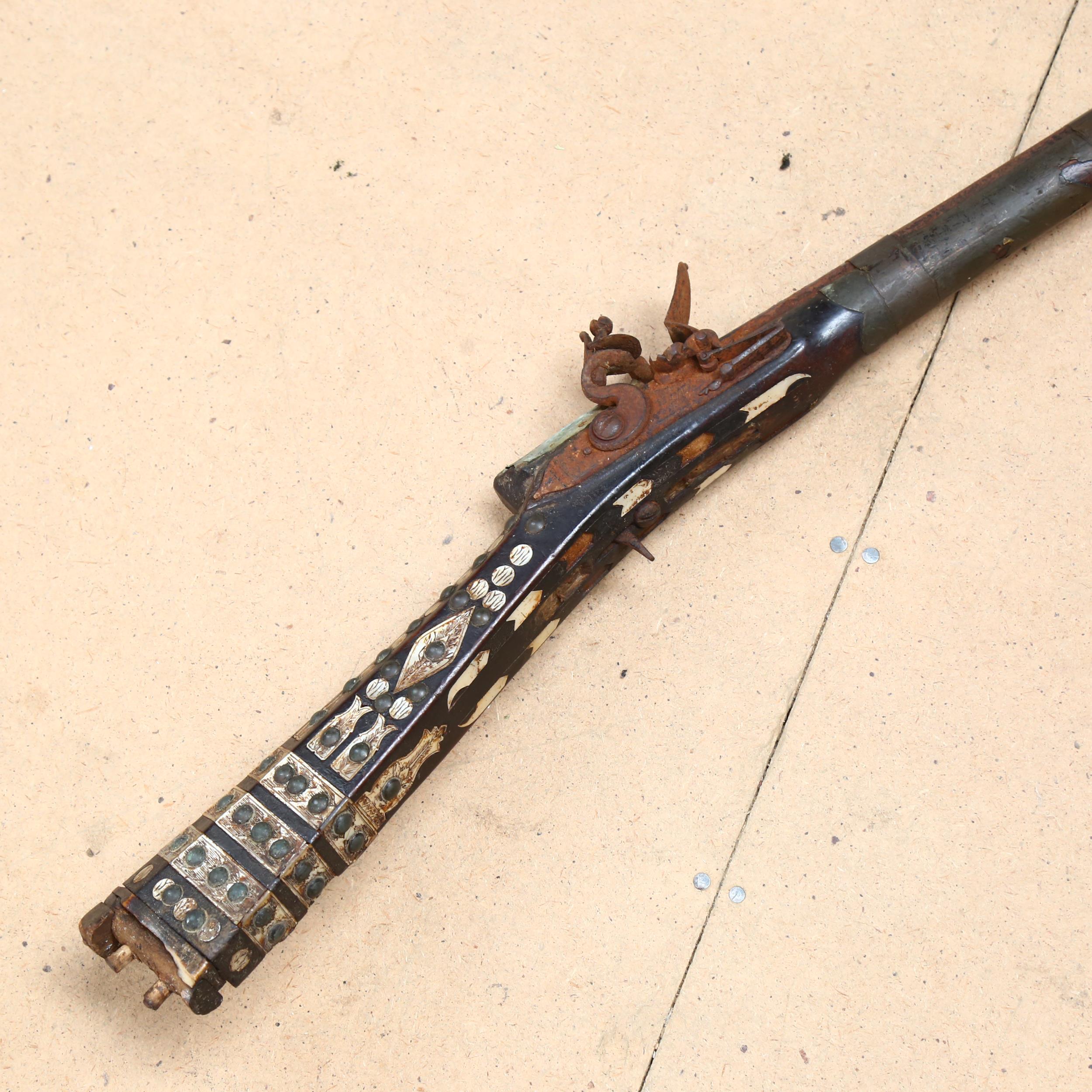 An Antique Indian musket of incomplete form, engraved and brass-bound barrel with mother-of-pearl - Image 2 of 2