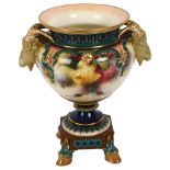 Worcester Hadleigh Ware vase with ram's head handles, 19cm, cracked