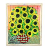 Royston Du Maurier Lebek, acrylic on canvas, sunflowers, framed and signed, 66cm x 54cm