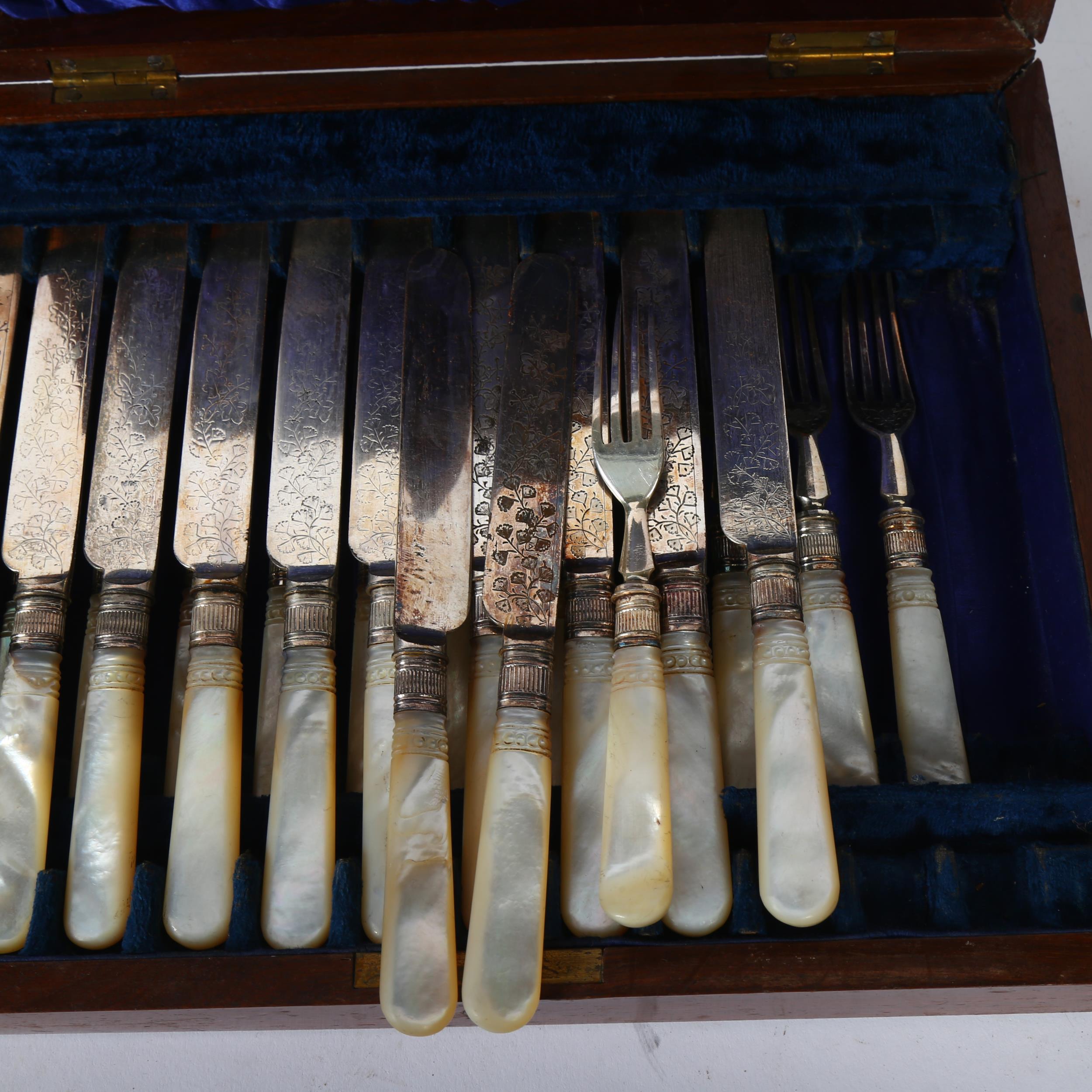 A silver plated fruit set with mother-of-pearl handles, for 12 people, in fitted mahogany case - Image 2 of 2