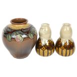 A Royal Doulton stoneware vase, with fruit decoration, H17.5cm, together with a pair of Royal