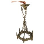 A Gothic style brass hanging lamp holder, drop approx 50cm