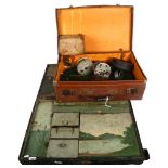 A case containing Vintage fishing reels, and an unusual hinged angler's box, with painted river