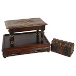 A rectangular Chinese rosewood stand, with carved and pierced frieze, L37cm, a small carved oak