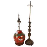 A cloisonne orange ground table lamp, height 60cm overall, a brass lamp base and a Fostoria glass