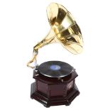 A reproduction Victrola wind-up gramophone with brass horn, H60cm overall