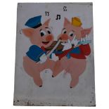 A hand painted picture on board of 2 musical piglets, 1 playing a violin, second a flute, signed
