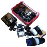 A box of various cameras, to include Balda, a Canon X40HS, an Olympus Stylus Epic, a Zenit E with