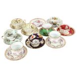 Victorian porcelain cabinet cups and saucers with painted decoration, a pair of Dresden cups and