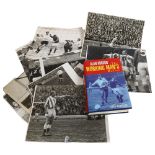 A collection of Vintage black and white press photographs depicting football players and matches,