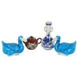 A small Chinese enamelled redware teapot, a blue and white vase, and a pair of Chinese ducks, H10cm