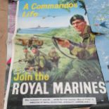 3 vintage posters, "Britain's Commandos" " Join the Royal Marines" and A Japanese B movie