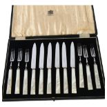 ELIKINGTON & COMPANY LTD - a cased set of 6 mother-of-pearl handled fruit knives and forks, with