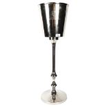 A reproduction Bollinger chrome plate ice bucket on stand, H80cm