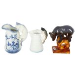 A USSR bear, H14cm, and 2 Continental cream jugs with cat figure handles