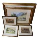 A Hutchens, pastels, mountain landscape, 2 x 19th century coloured engraving for Punch, and 3