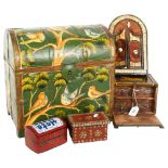 A painted dome-top wine bottle holder, a wall mirror with doors, 2 boxes, and a miniature cabinet